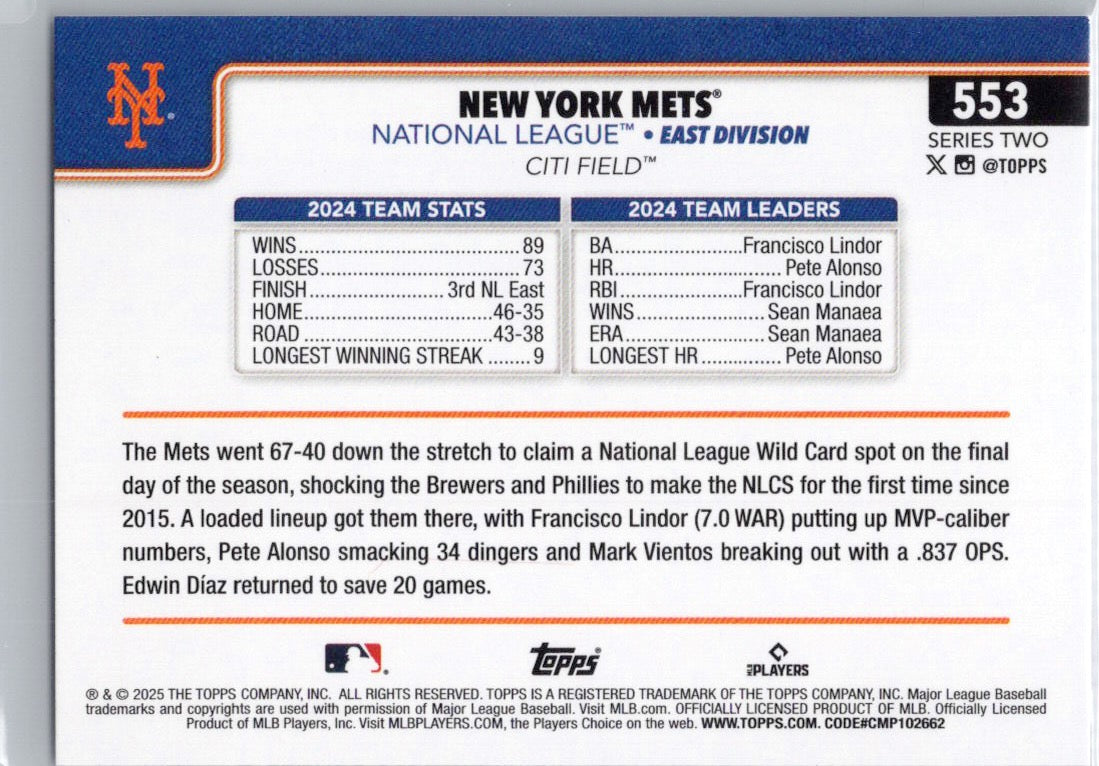 2025 Topps #553 New York Mets New York Mets