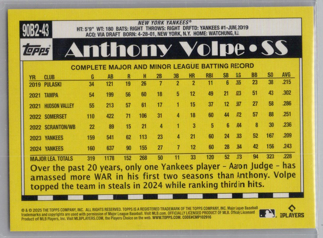 2025 Topps #90B2-43 Anthony Volpe 1990 Topps Baseball 35th Anniversary