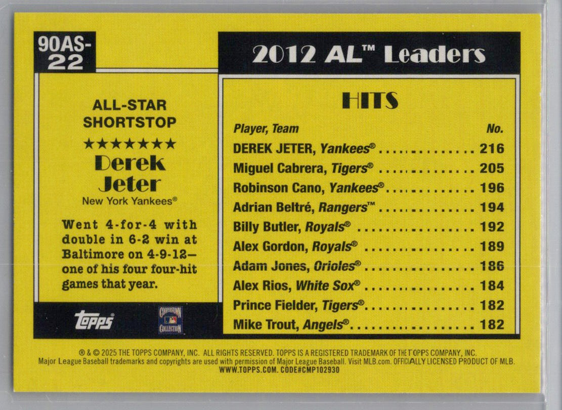 2025 Topps #90AS-22b Derek Jeter 1990 Topps Baseball 35th Anniversary All-Stars New York Yankees