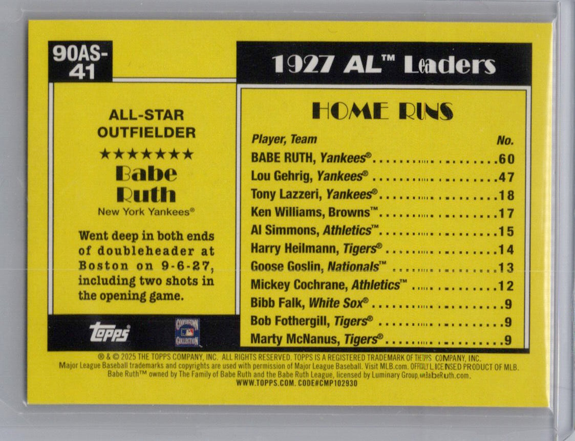 2025 Topps #90AS-41b Babe Ruth 1990 Topps Baseball 35th Anniversary All-Stars New York Yankees