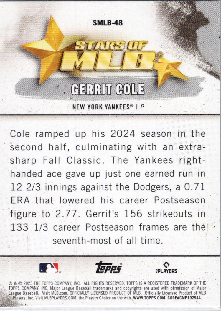 2025 Topps #SMLB-48 Gerrit Cole Stars of MLB New York Yankees