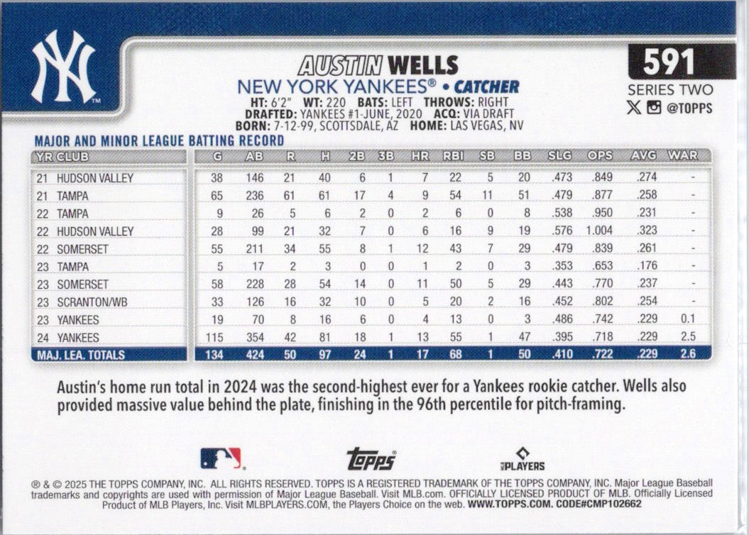 2025 Topps #591 Austin Wells New York Yankees