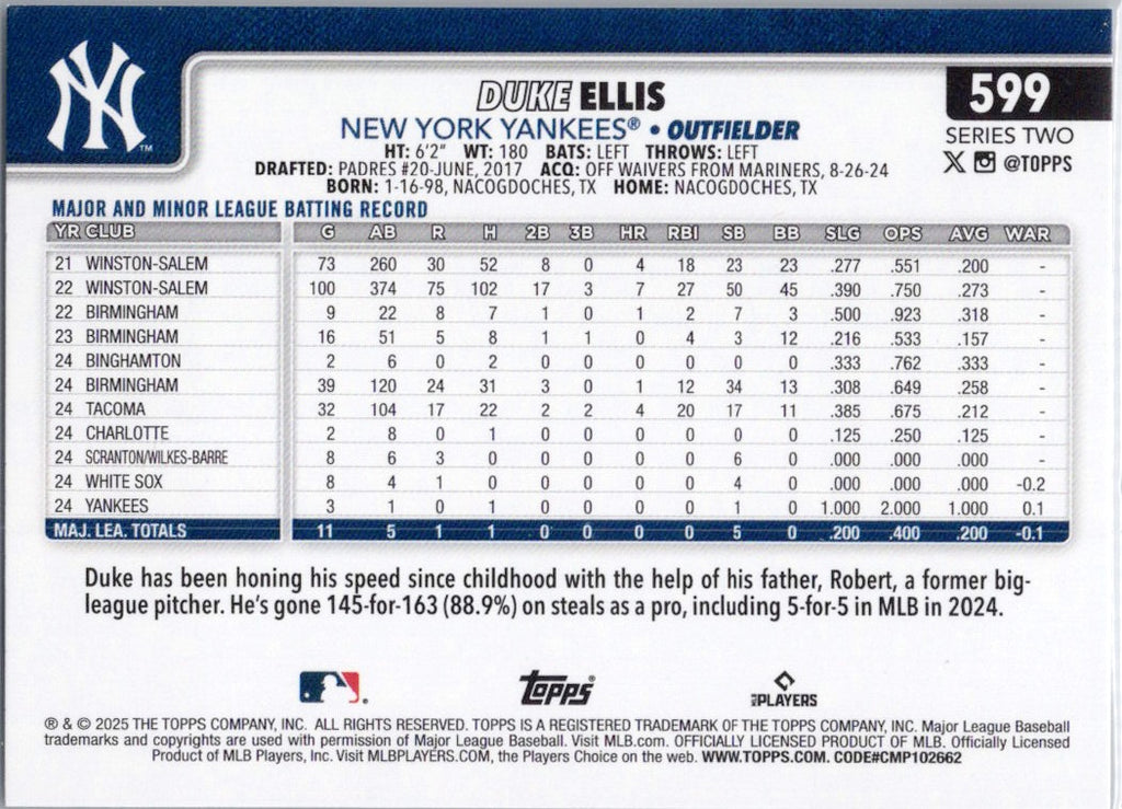 2025 Topps #599 Duke Ellis New York Yankees