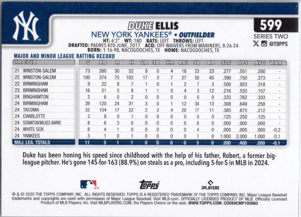 2025 Topps #599 Duke Ellis New York Yankees