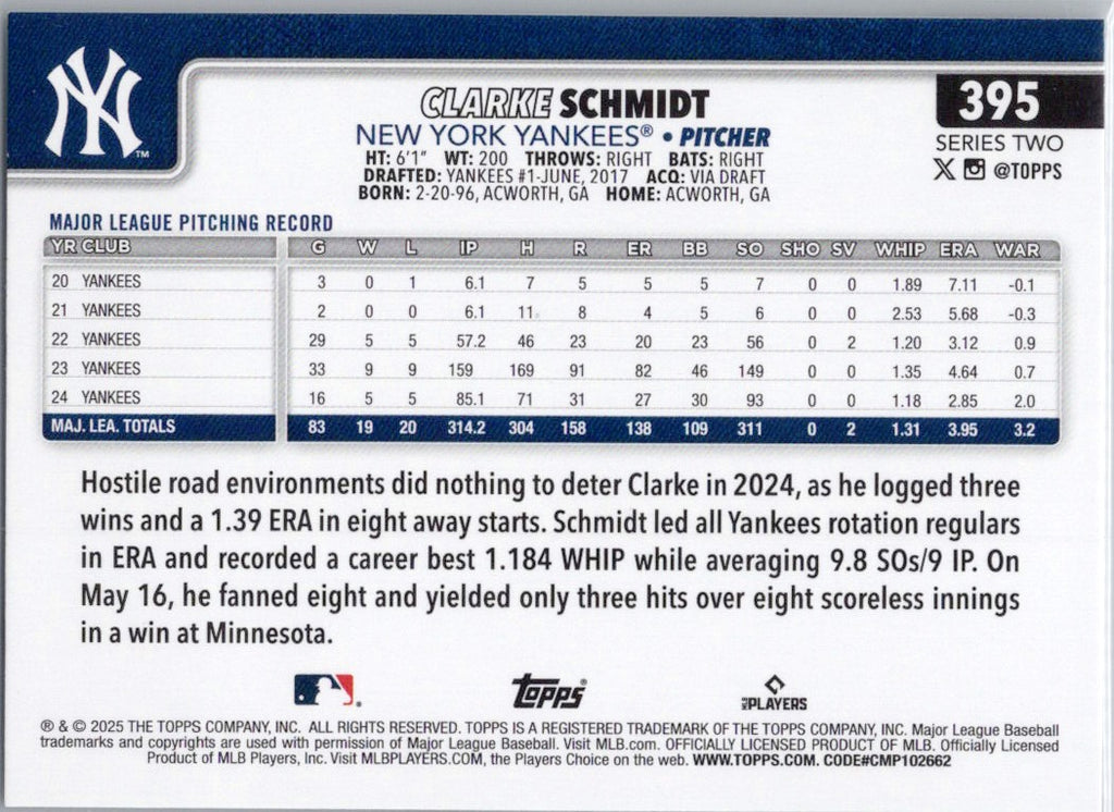 2025 Topps #395 Clarke Schmidt New York Yankees