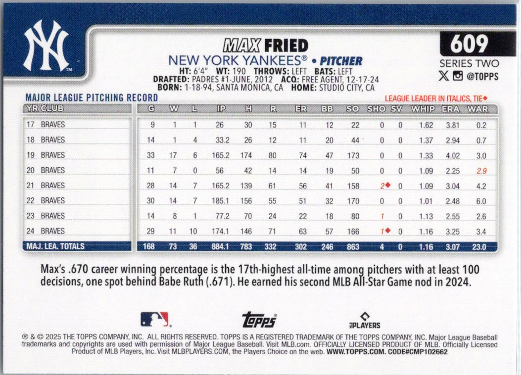 2025 Topps #609 Max Fried New York Yankees