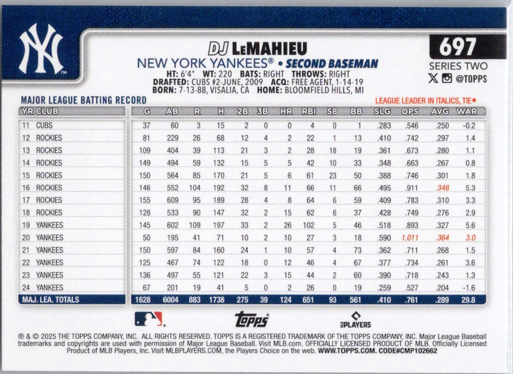 2025 Topps #697 DJ LeMahieu New York Yankees