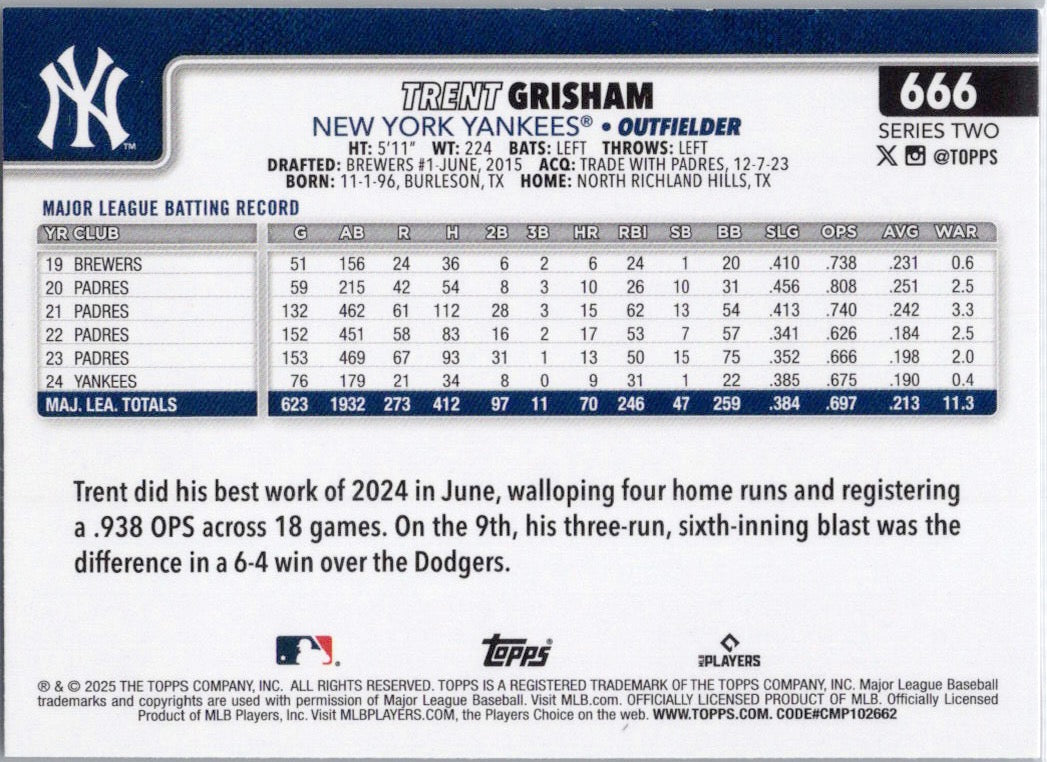 2025 Topps #666 Trent Grisham New York Yankees