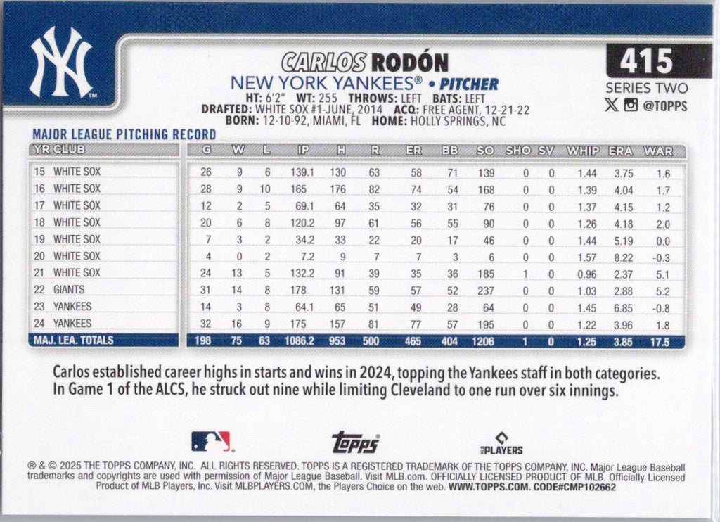 2025 Topps #415 Carlos Rodón New York Yankees