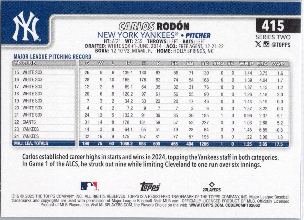 2025 Topps #415 Carlos Rodón New York Yankees