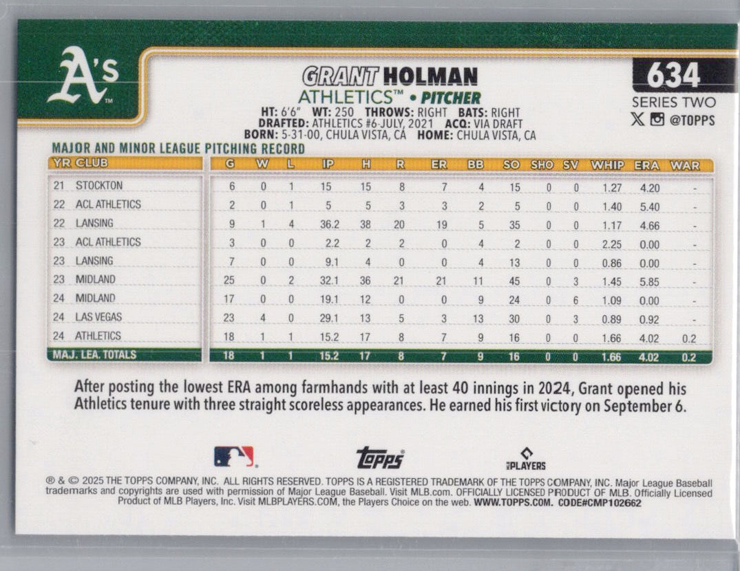 2025 Topps #634 Grant Holman Athletics