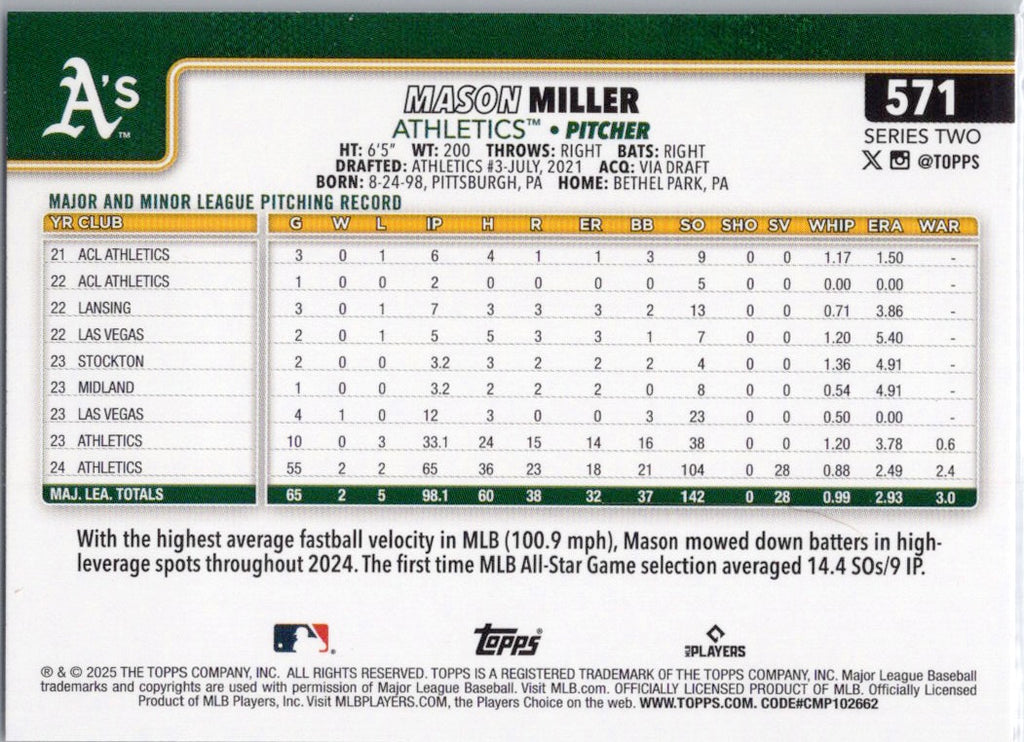 2025 Topps #571 Mason Miller Athletics