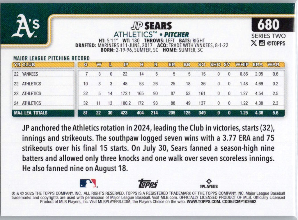 2025 Topps #680 JP Sears Athletics