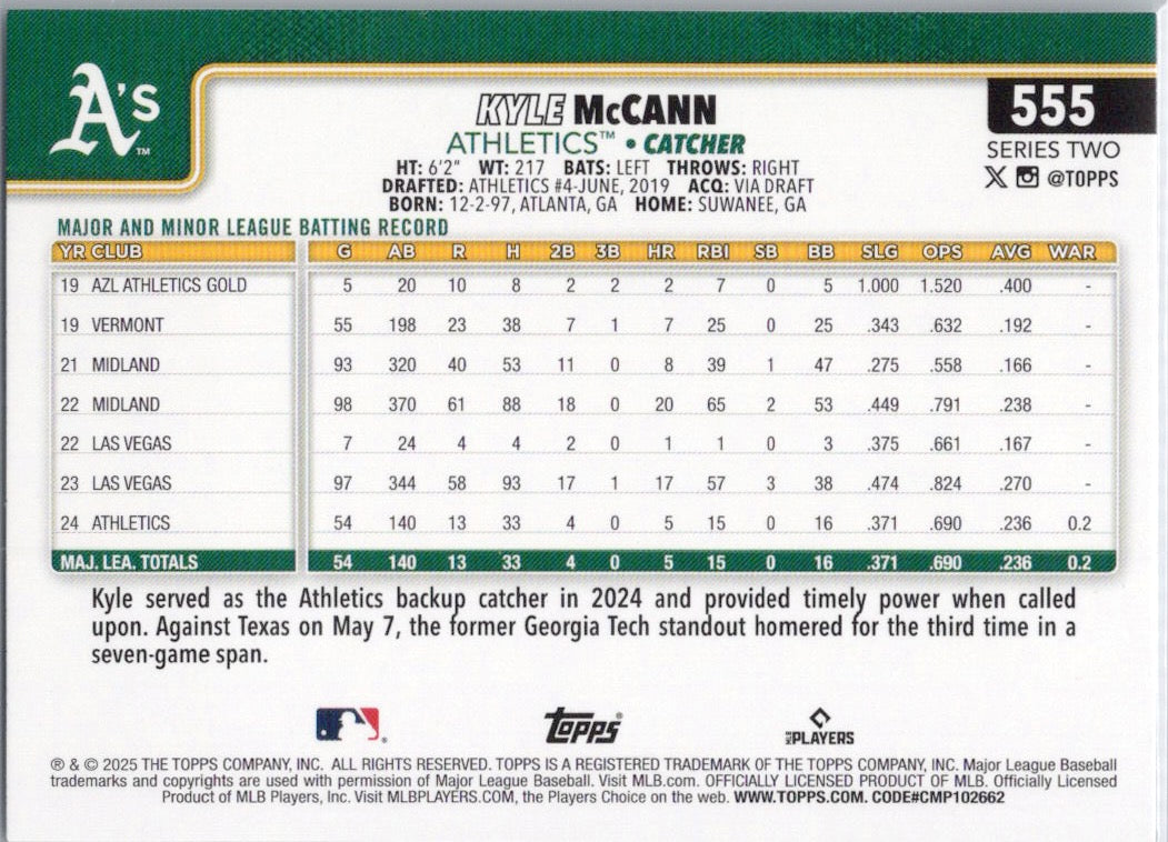 2025 Topps #555 Kyle McCann Athletics