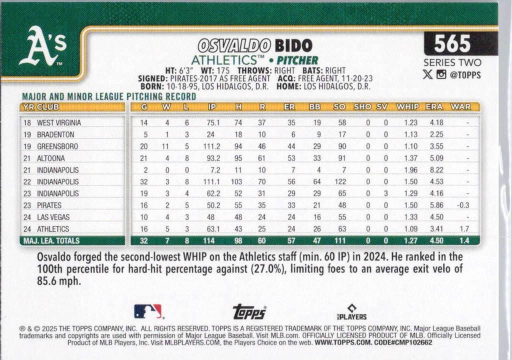 2025 Topps #565 Osvaldo Bido Athletics