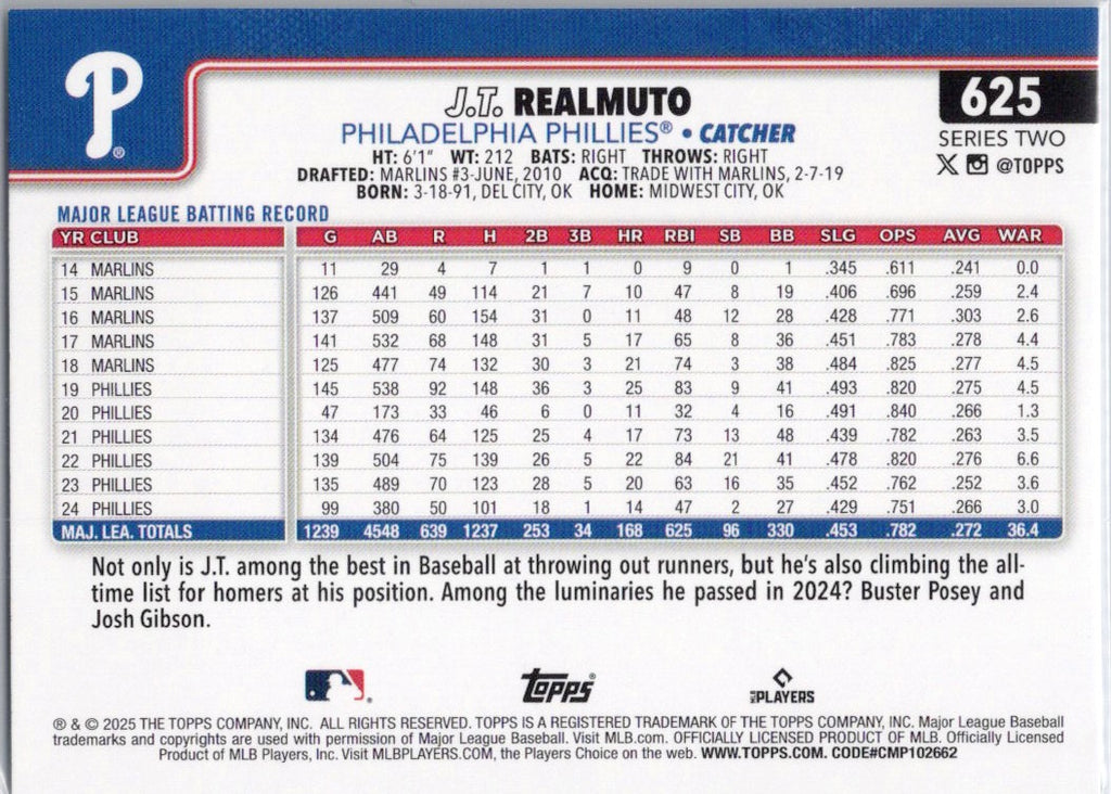 2025 Topps #625 J.T. Realmuto Philadelphia Phillies