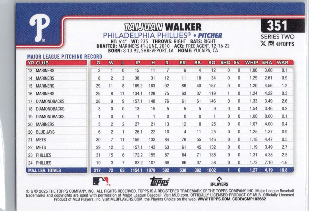 2025 Topps #351 Taijuan Walker Philadelphia Phillies
