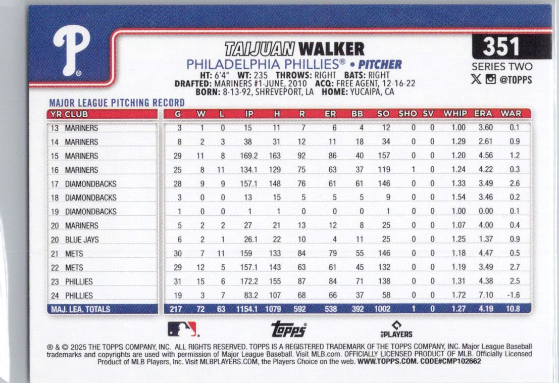 2025 Topps #351 Taijuan Walker Philadelphia Phillies