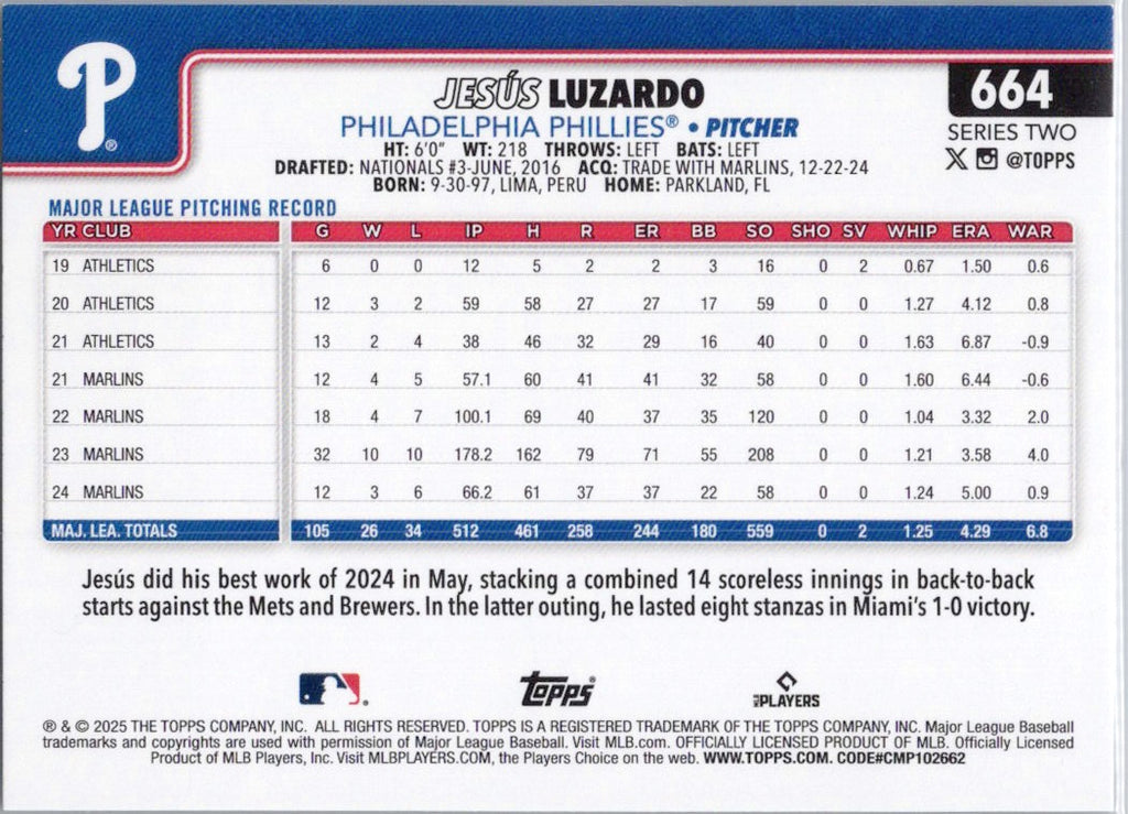 2025 Topps #664 Jesús Luzardo Philadelphia Phillies
