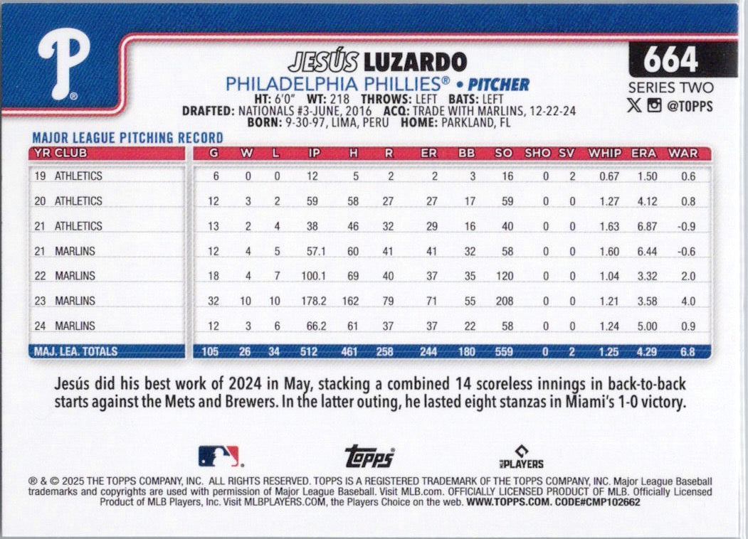 2025 Topps #664 Jesús Luzardo Philadelphia Phillies