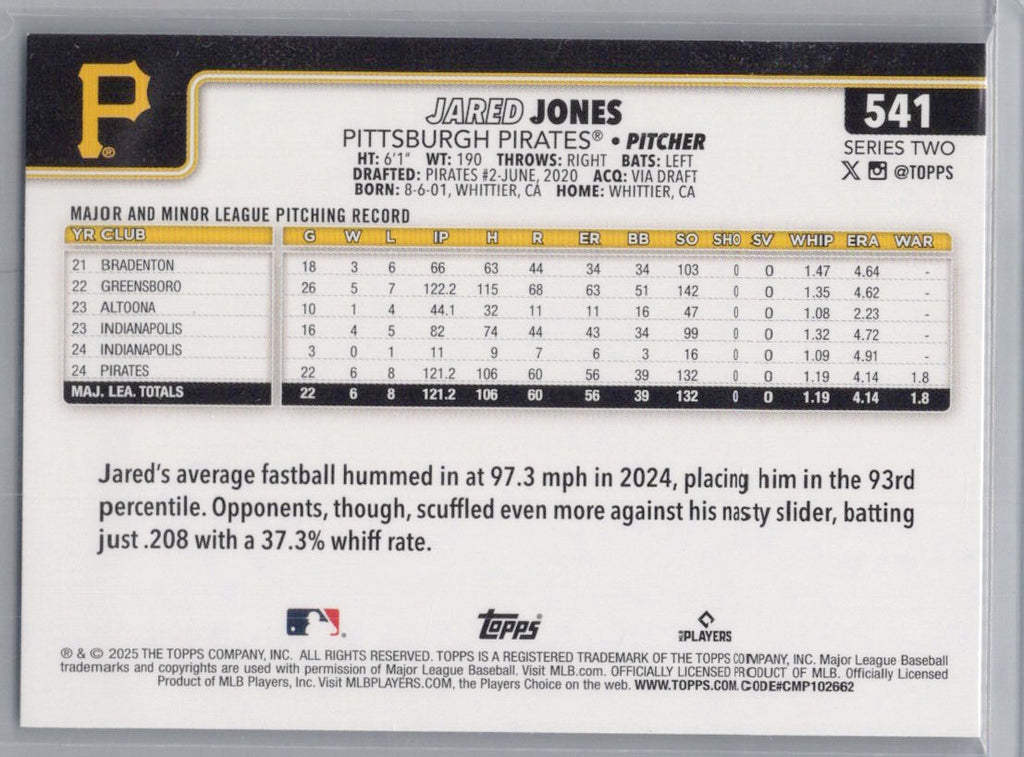 2025 Topps #541 Jared Jones Pittsburgh Pirates