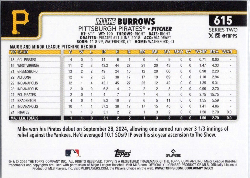 2025 Topps #615 Mike Burrows Pittsburgh Pirates
