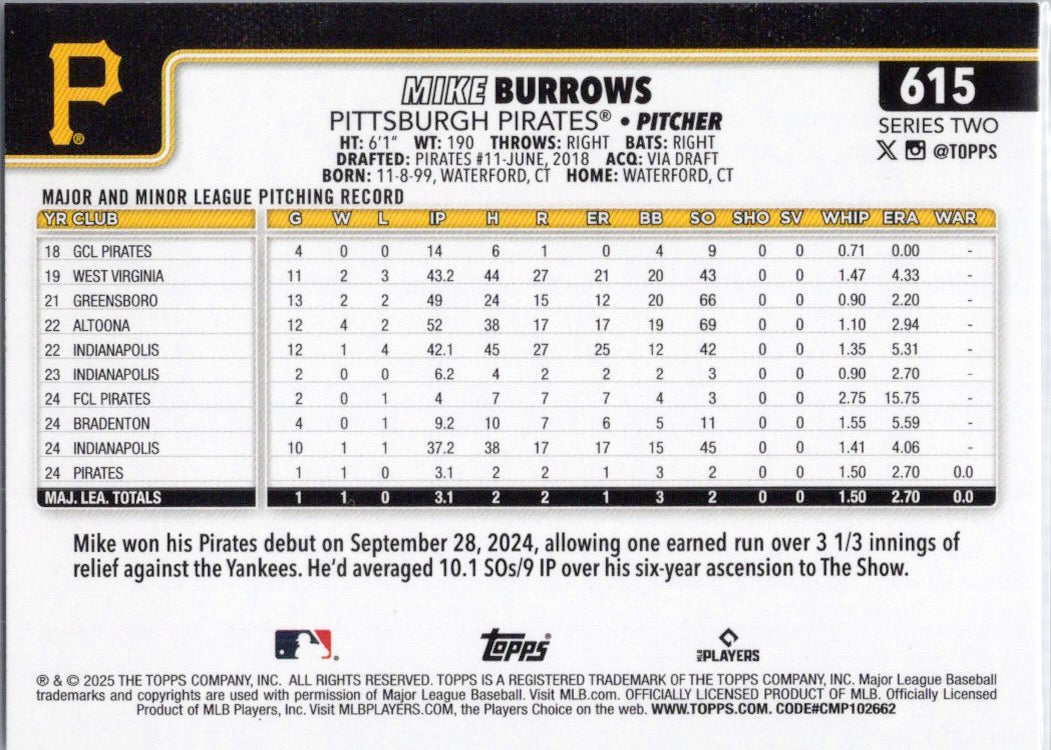 2025 Topps #615 Mike Burrows Pittsburgh Pirates