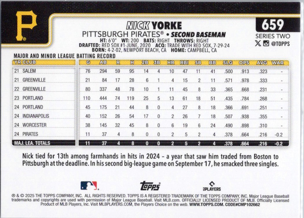 2025 Topps #659 Nick Yorke Pittsburgh Pirates