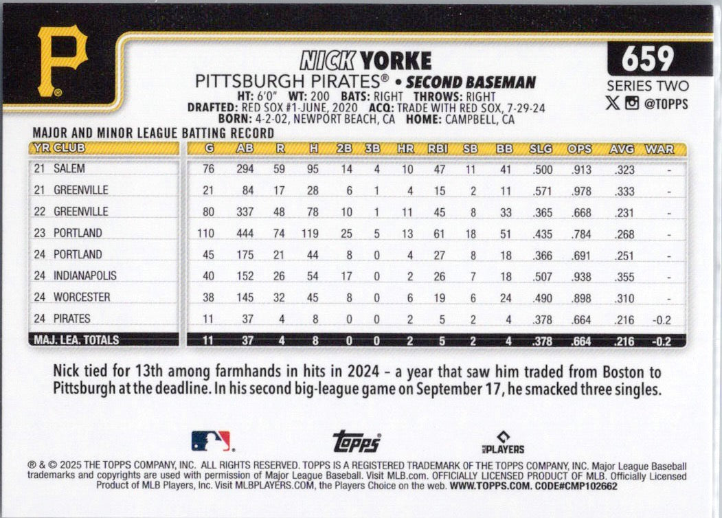 2025 Topps #659 Nick Yorke Pittsburgh Pirates