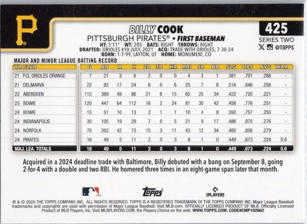 2025 Topps #425 Billy Cook Pittsburgh Pirates