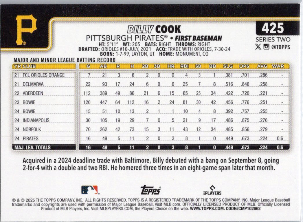 2025 Topps #425 Billy Cook Pittsburgh Pirates