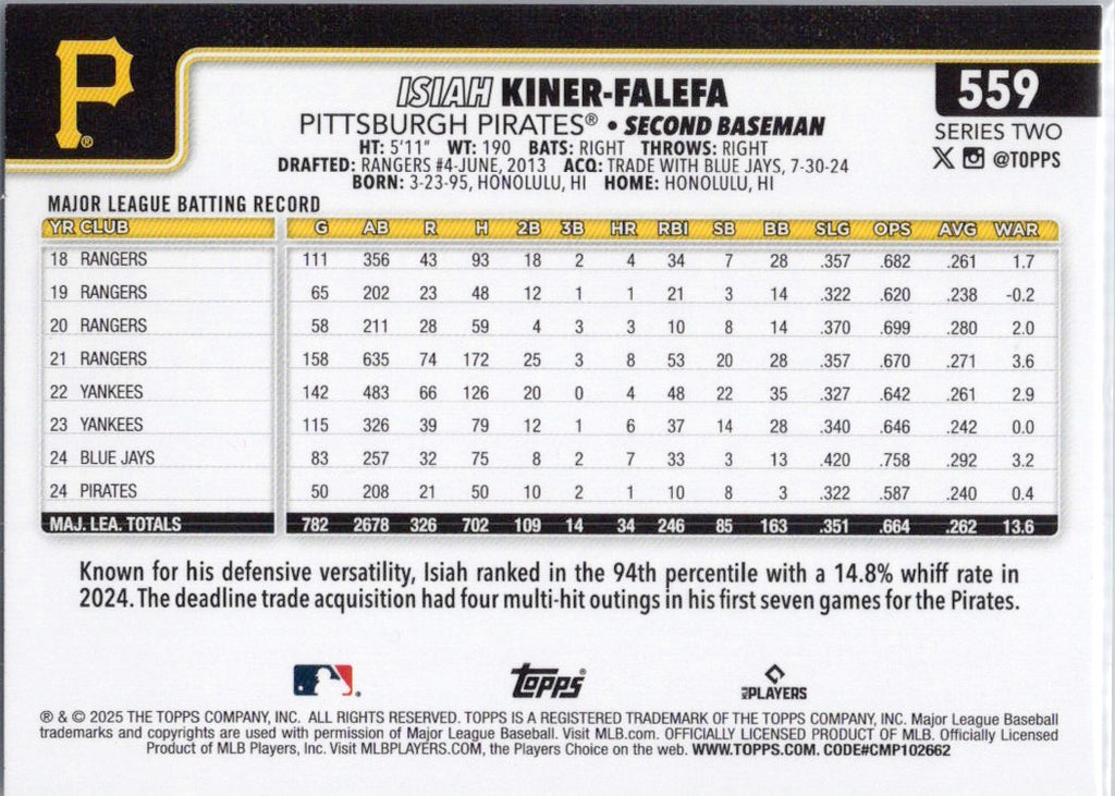 2025 Topps #559 Isiah Kiner-Falefa Pittsburgh Pirates