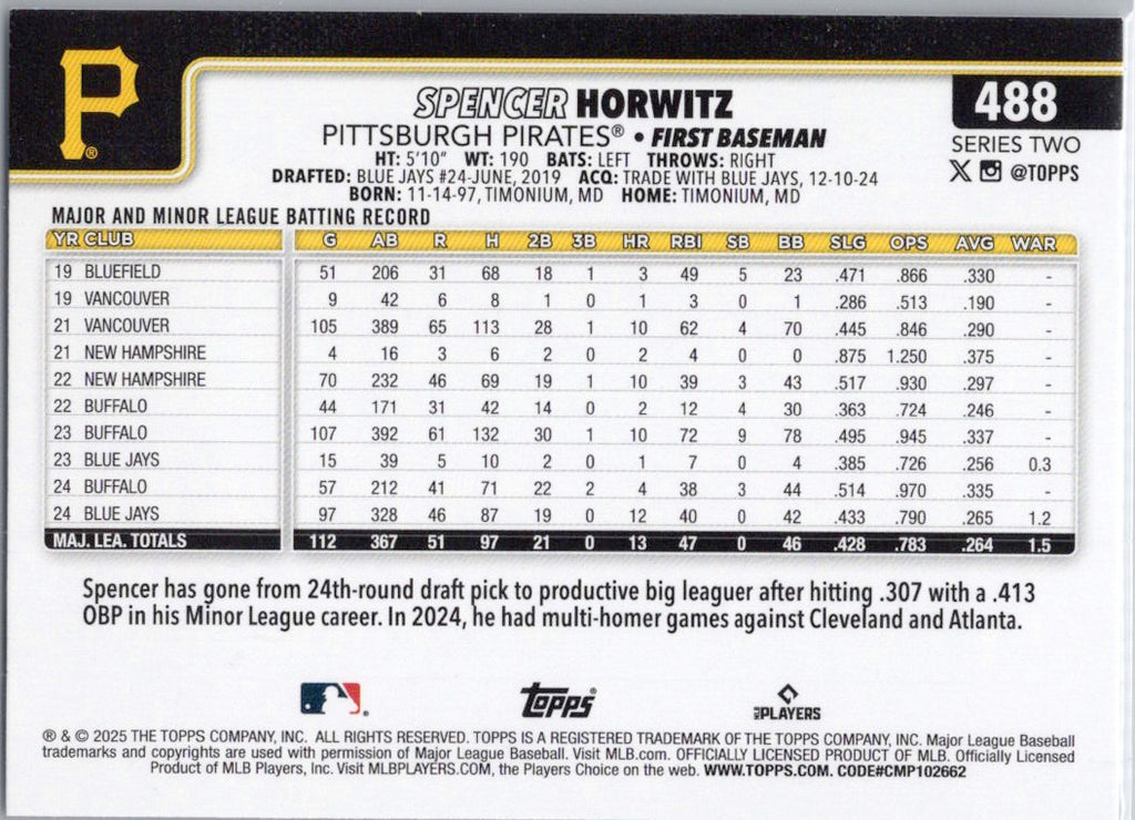 2025 Topps #488 Spencer Horwitz Pittsburgh Pirates
