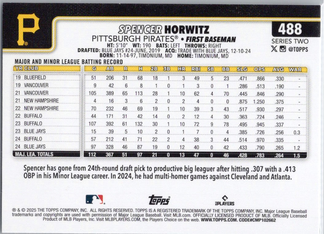 2025 Topps #488 Spencer Horwitz Pittsburgh Pirates
