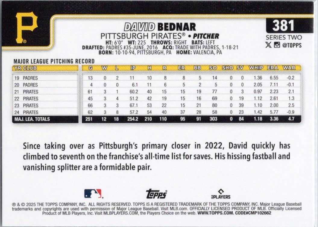 2025 Topps #381 David Bednar Pittsburgh Pirates