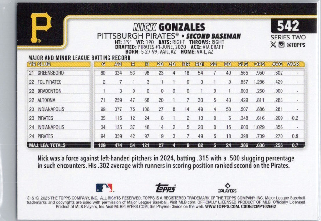 2025 Topps #542 Nick Gonzales Pittsburgh Pirates