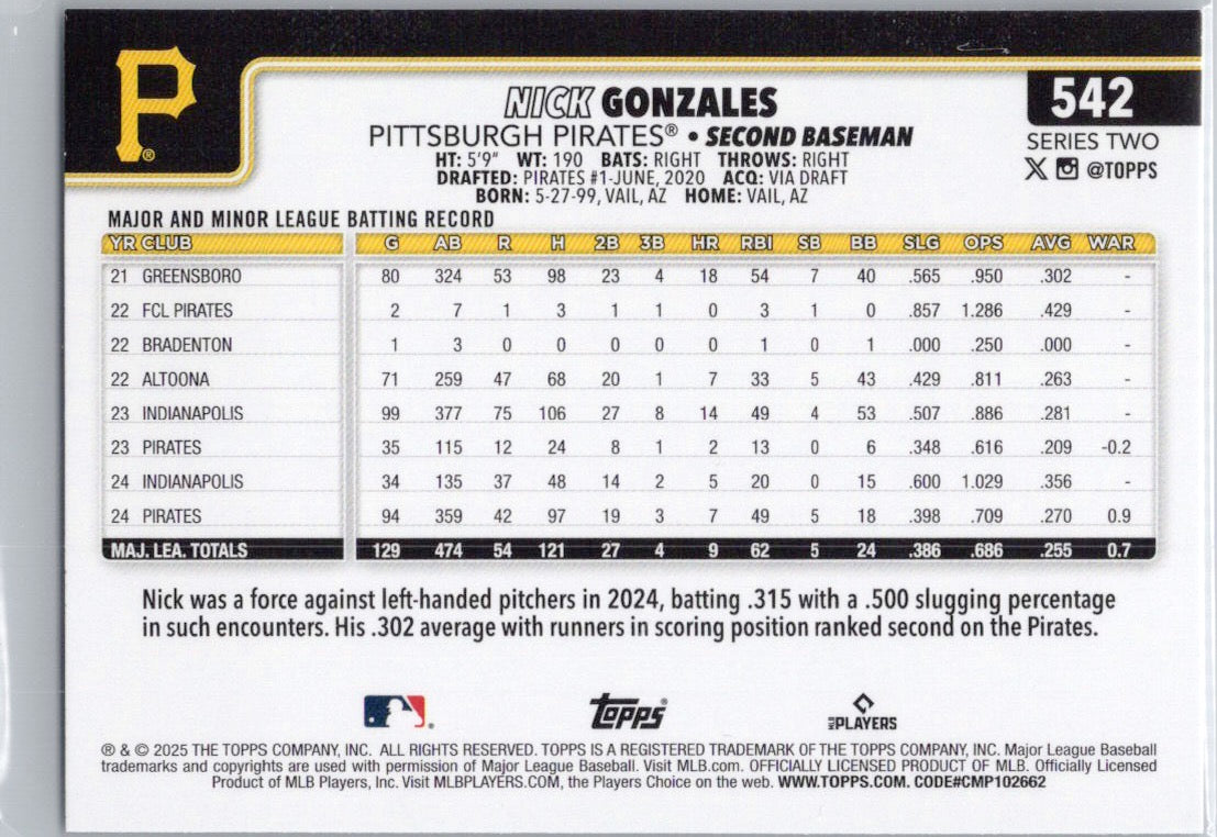 2025 Topps #542 Nick Gonzales Pittsburgh Pirates