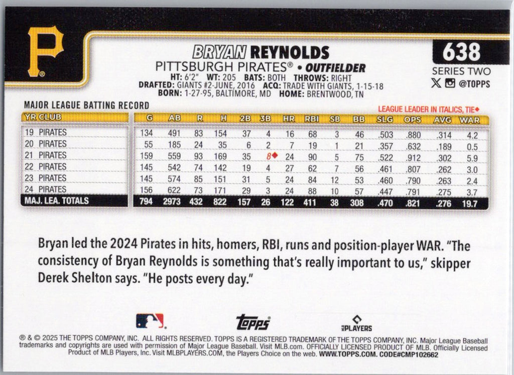2025 Topps #638 Bryan Reynolds Pittsburgh Pirates