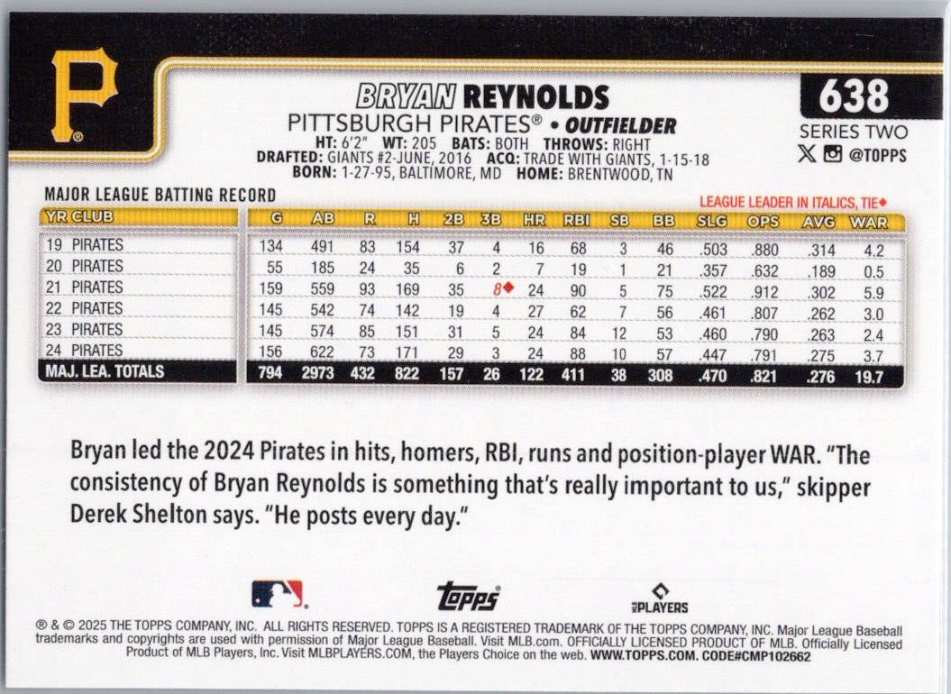 2025 Topps #638 Bryan Reynolds Pittsburgh Pirates
