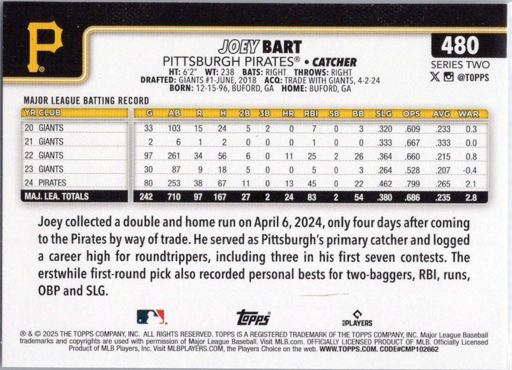 2025 Topps #480 Joey Bart Pittsburgh Pirates