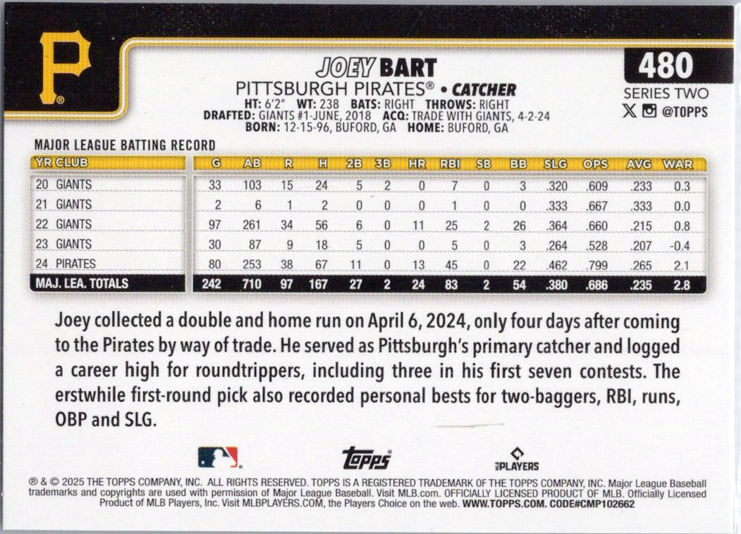 2025 Topps #480 Joey Bart Pittsburgh Pirates