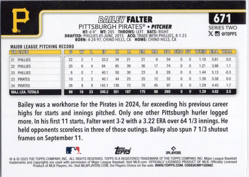 2025 Topps #671 Bailey Falter Pittsburgh Pirates