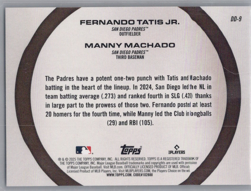 2025 Topps #DD-9 Fernando Tatis Jr. / Manny Machado Dynamic Duos San Diego Padres