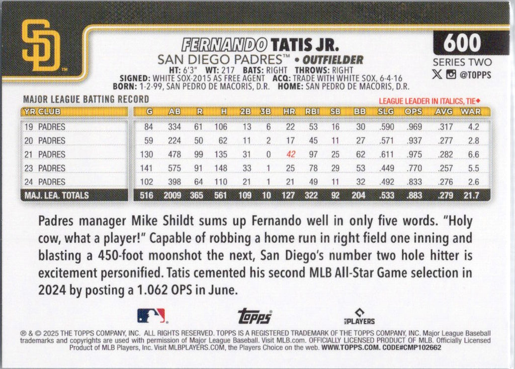 2025 Topps #600 Fernando Tatis Jr. San Diego Padres