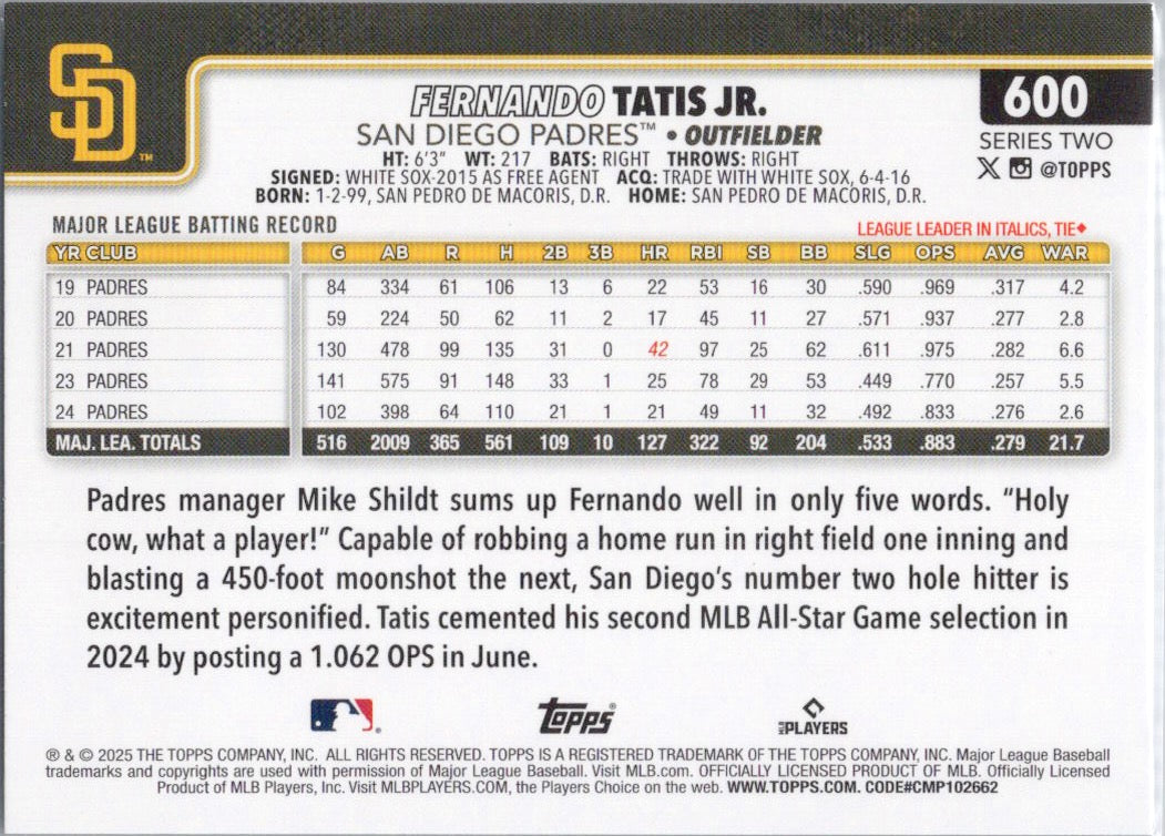 2025 Topps #600 Fernando Tatis Jr. San Diego Padres