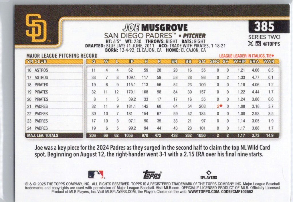 2025 Topps #385 Joe Musgrove San Diego Padres