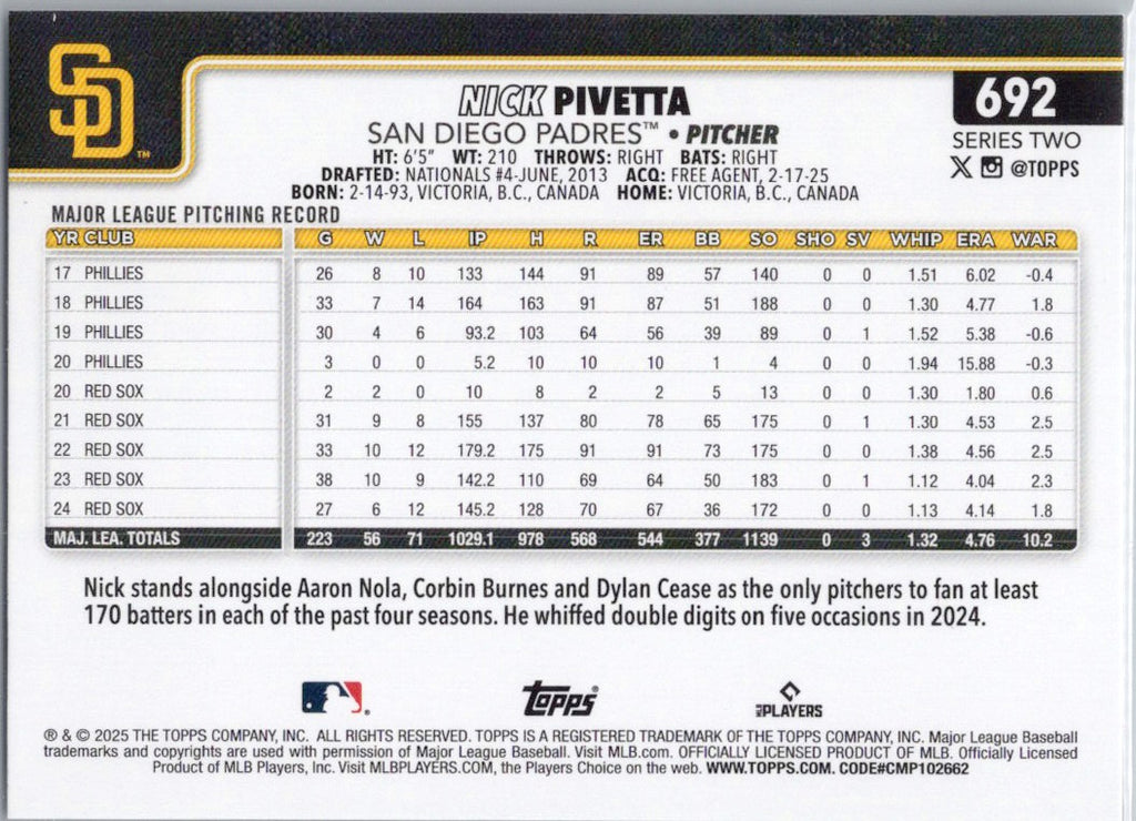2025 Topps #692 Nick Pivetta San Diego Padres