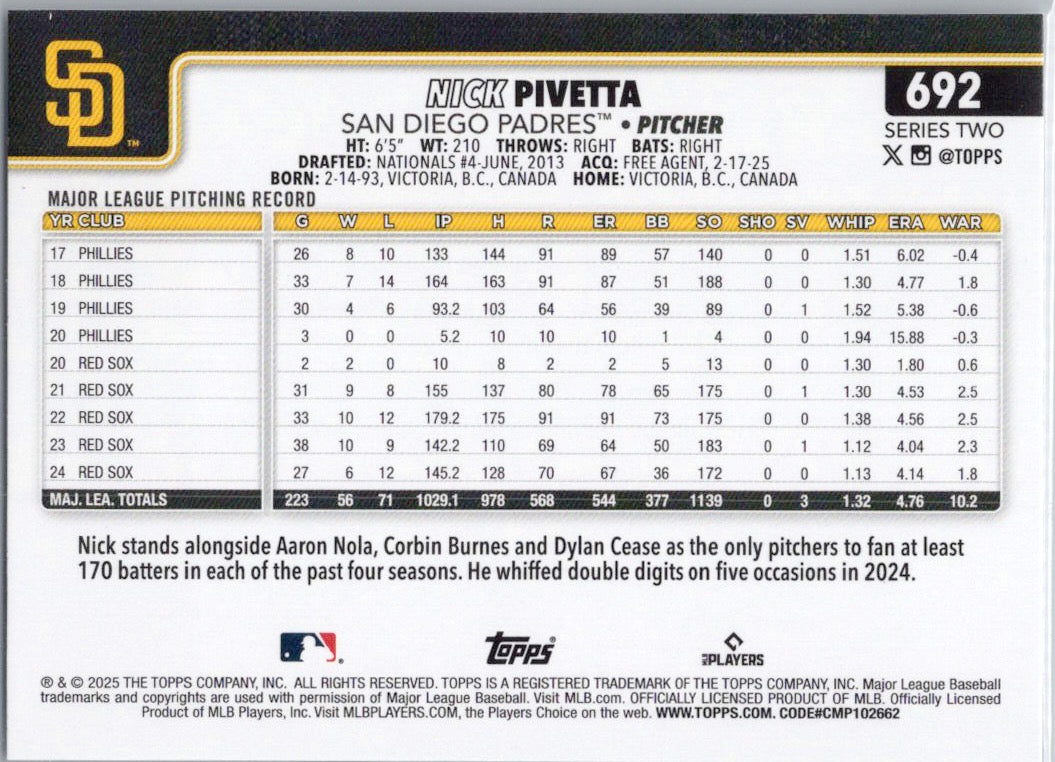 2025 Topps #692 Nick Pivetta San Diego Padres