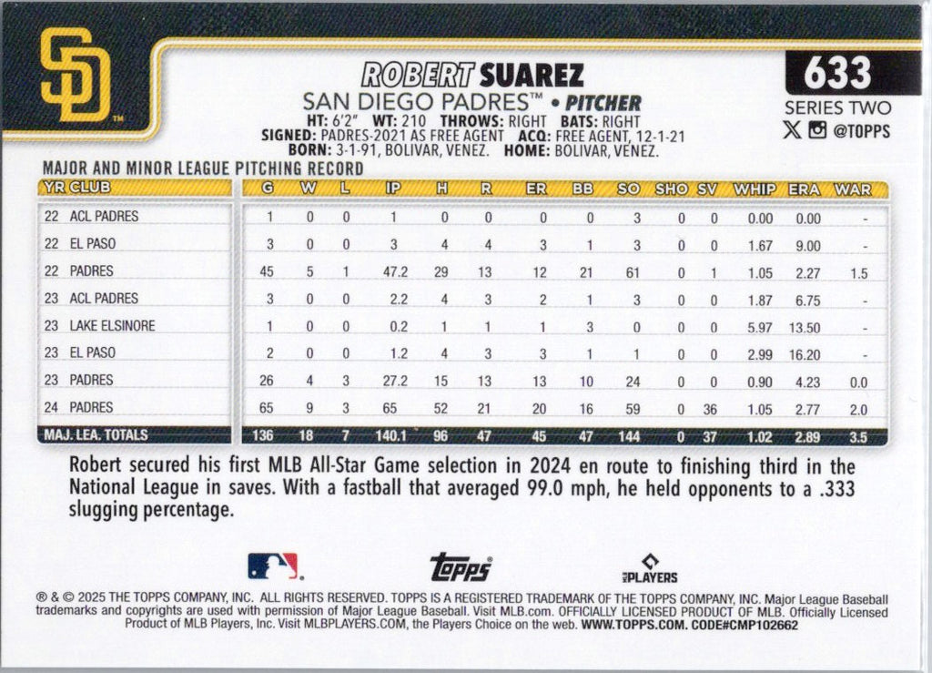 2025 Topps #633 Robert Suarez San Diego Padres