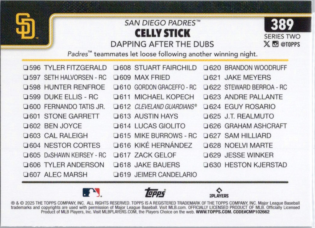 2025 Topps #389 Celly Stick: Dapping After the Dubs San Diego Padres